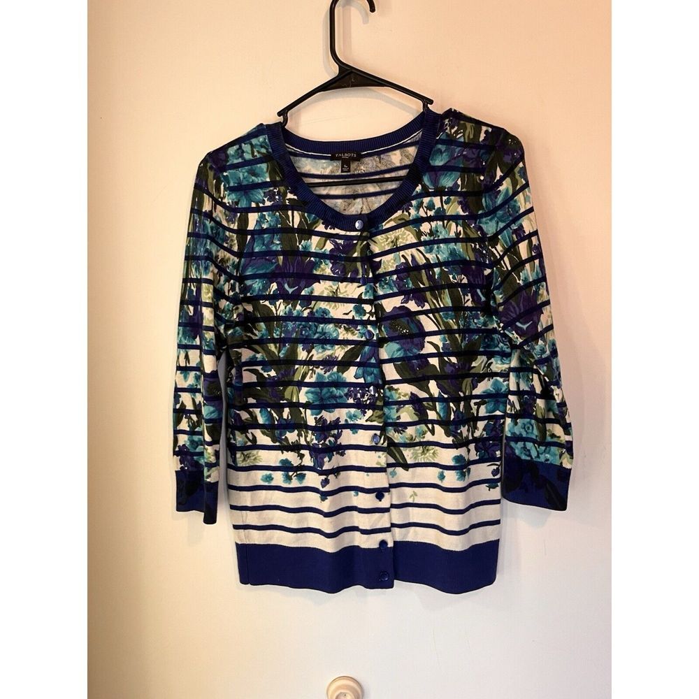 Talbots Womens Floral Striped Cardigan Sweater Size‎ Sp Blue Button Front Ribbed